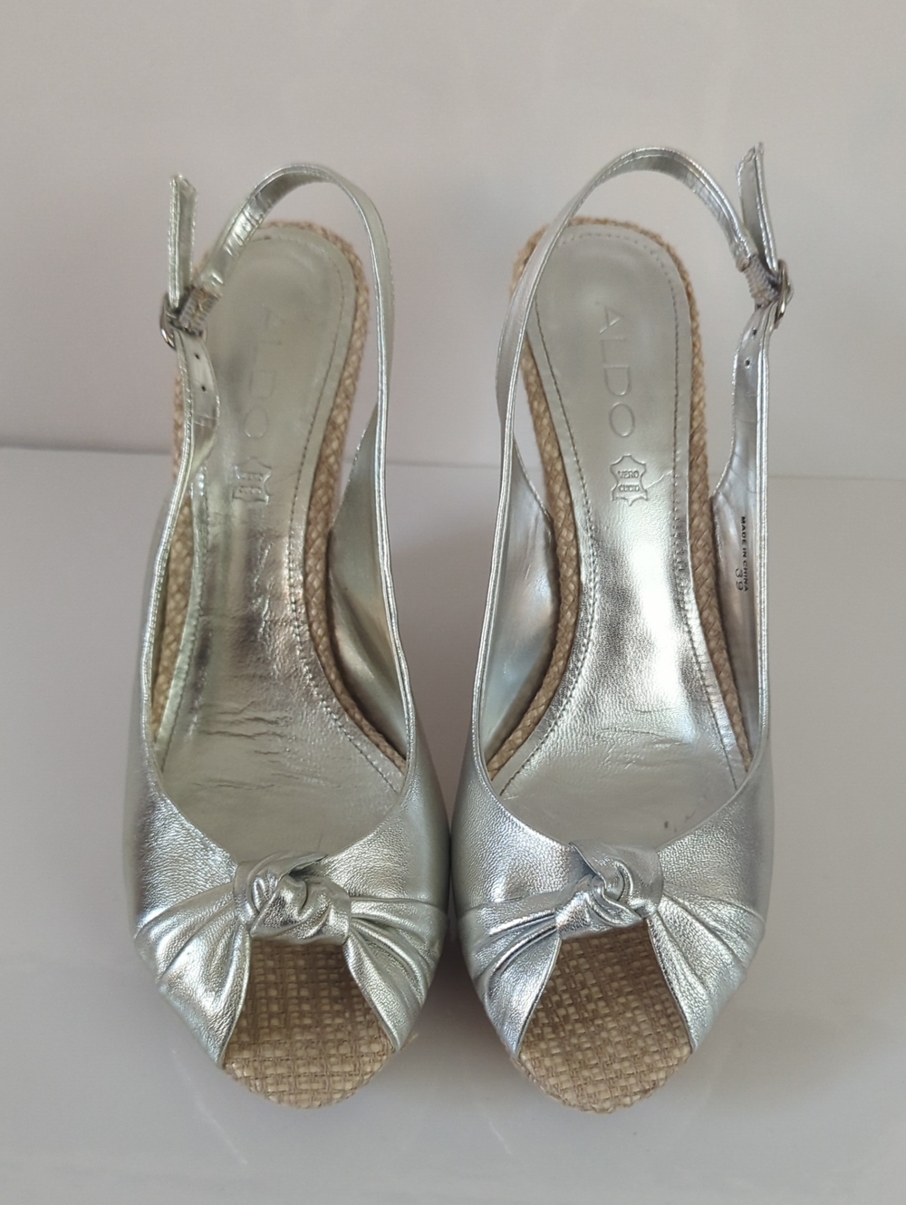 Aldo Silver Knotted Peep-Toe Slingback Wedge Mules